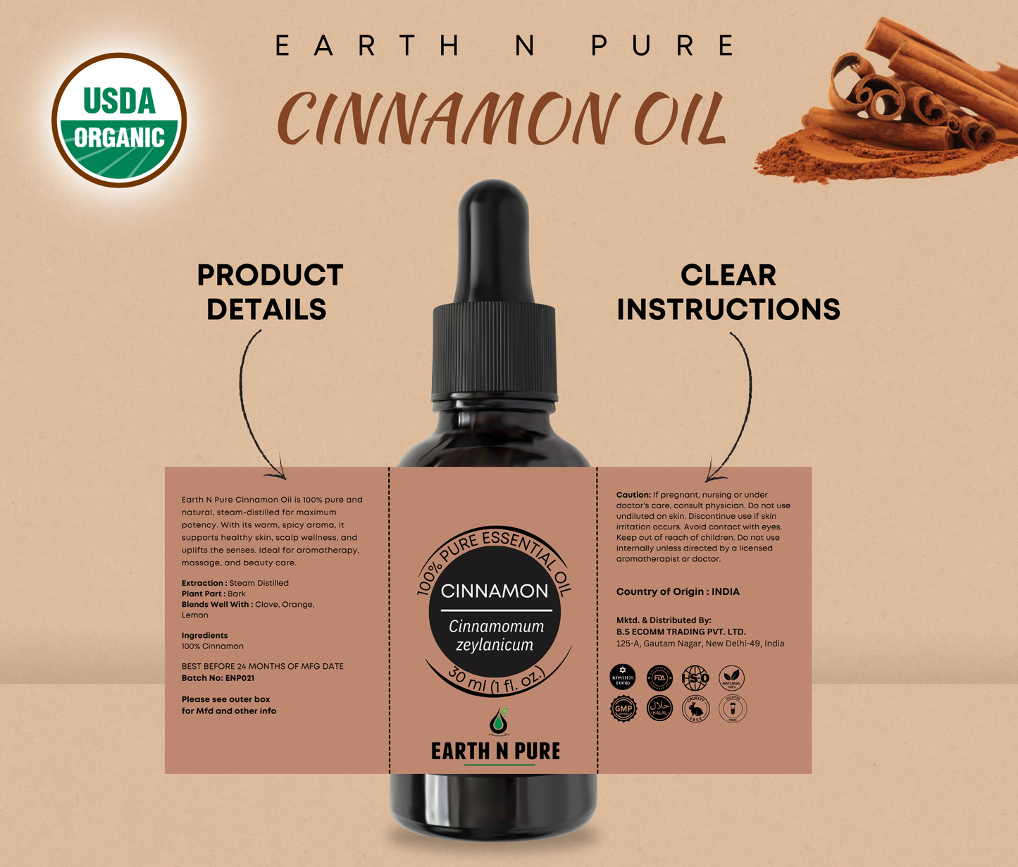 Earth N Pure Cinnamon Essential Oil | 100% Pure Cinnamon Bark Oil for Aromatherapy, Home Fragrance & Self-Care