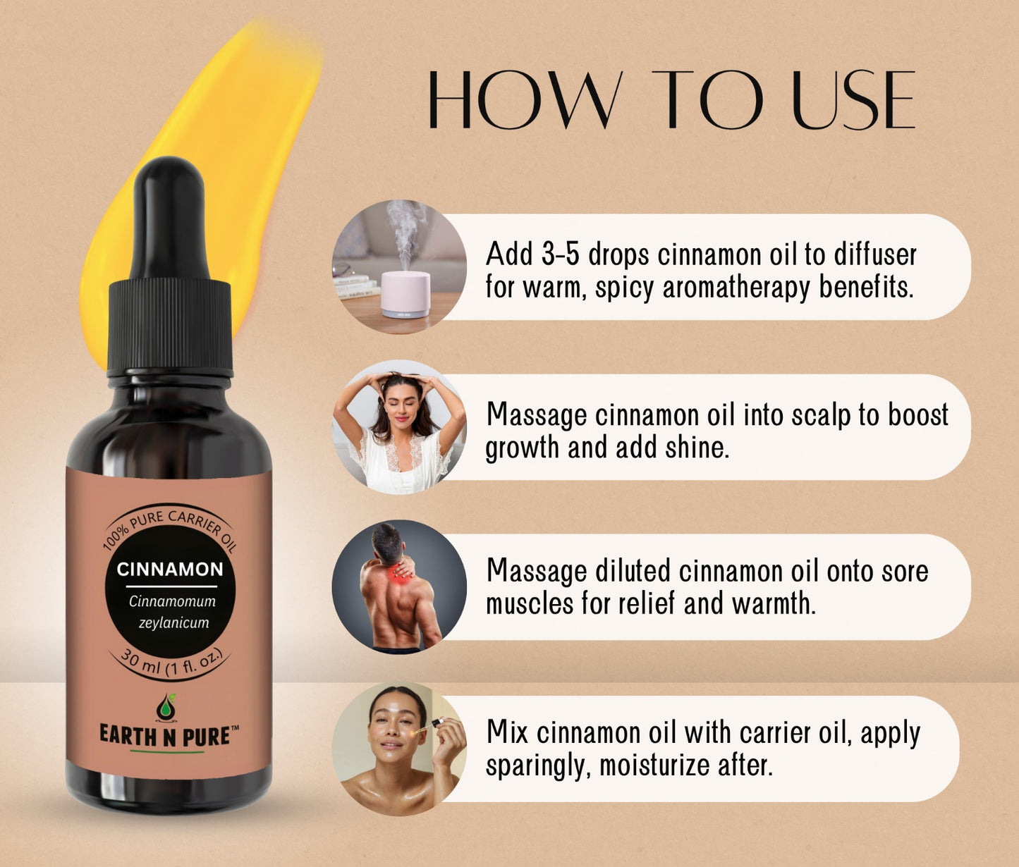 Earth N Pure Cinnamon Essential Oil | 100% Pure Cinnamon Bark Oil for Aromatherapy, Home Fragrance & Self-Care