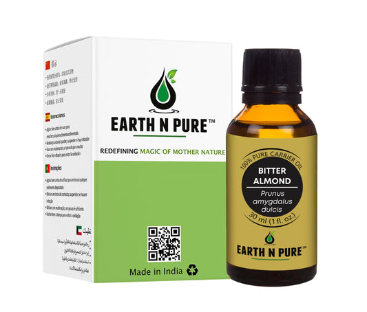 Earth N Pure Bitter Almond Oil bottle on wooden background